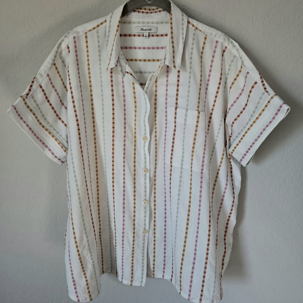Madewell Women's White Shirt with Red and Gold Stripes